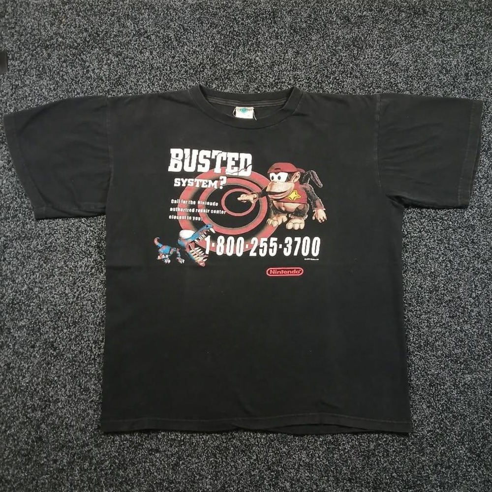 Vintage 1995 Rare Nintendo Busted System Diddy Kong T-Shirt Black XL Champ Promo